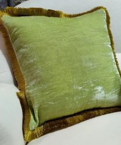 Scout House Gifts Silk Velvet Fringed Cushion In Apple Green With A Golden Trim- 40cm Square