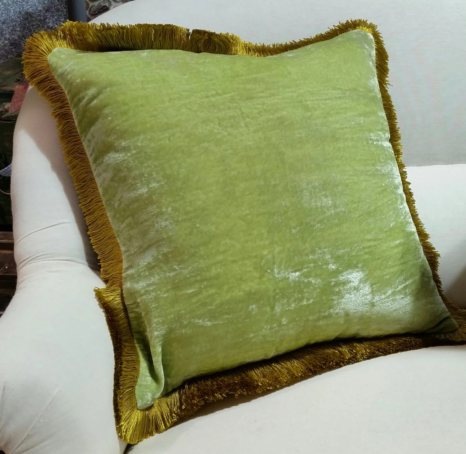 Scout House Gifts Silk Velvet Fringed Cushion In Apple Green With A Golden Trim- 40cm Square 4 Scout House Gifts Silk Velvet Fringed Cushion In Apple Green With A Golden Trim- 40cm Square