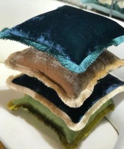 Scout House Silk Velvet Fringed Cushion In Taupe With Gold Trim- 40cm Square 8 Scout House Silk Velvet Fringed Cushion In Taupe With Gold Trim- 40cm Square