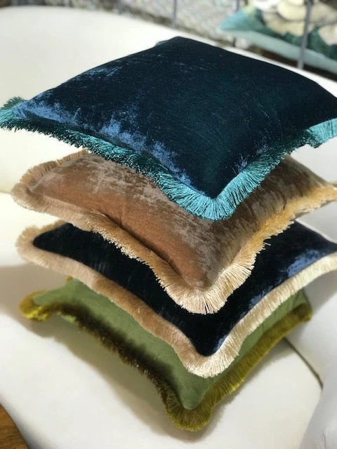 Scout House Silk Velvet Fringed Cushion In Indigo Blue With Gold Trim- 40cm Square 4 Scout House Silk Velvet Fringed Cushion In Indigo Blue With Gold Trim- 40cm Square