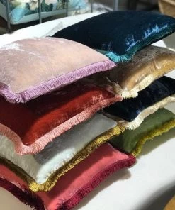 Scout House Silk Velvet Fringed Cushion In Taupe With Gold Trim- 40cm Square 9 Scout House Silk Velvet Fringed Cushion In Taupe With Gold Trim- 40cm Square