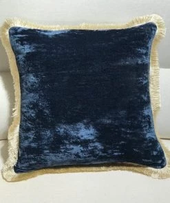 Scout House Silk Velvet Fringed Cushion In Indigo Blue With Gold Trim- 40cm Square