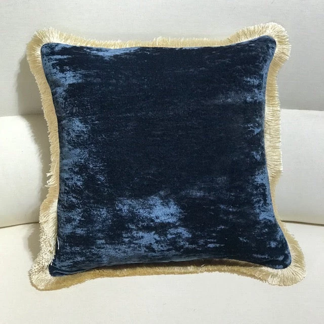 Scout House Silk Velvet Fringed Cushion In Indigo Blue With Gold Trim- 40cm Square 3 Scout House Silk Velvet Fringed Cushion In Indigo Blue With Gold Trim- 40cm Square