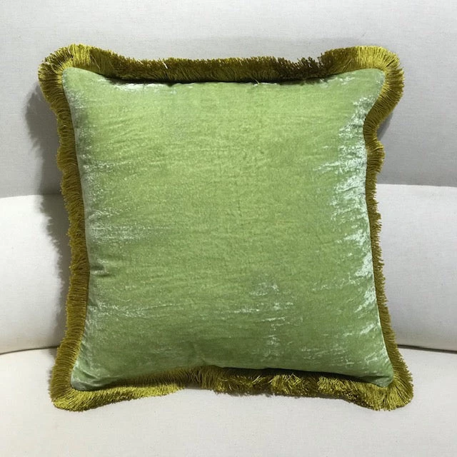 Scout House Gifts Silk Velvet Fringed Cushion In Apple Green With A Golden Trim- 40cm Square 3 Scout House Gifts Silk Velvet Fringed Cushion In Apple Green With A Golden Trim- 40cm Square
