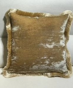 Scout House Silk Velvet Fringed Cushion In Taupe With Gold Trim- 40cm Square