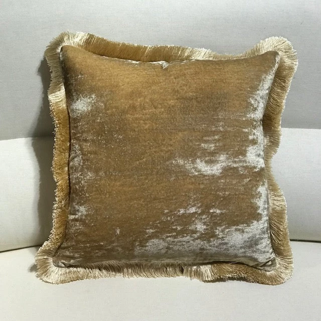Scout House Silk Velvet Fringed Cushion In Taupe With Gold Trim- 40cm Square 3 Scout House Silk Velvet Fringed Cushion In Taupe With Gold Trim- 40cm Square