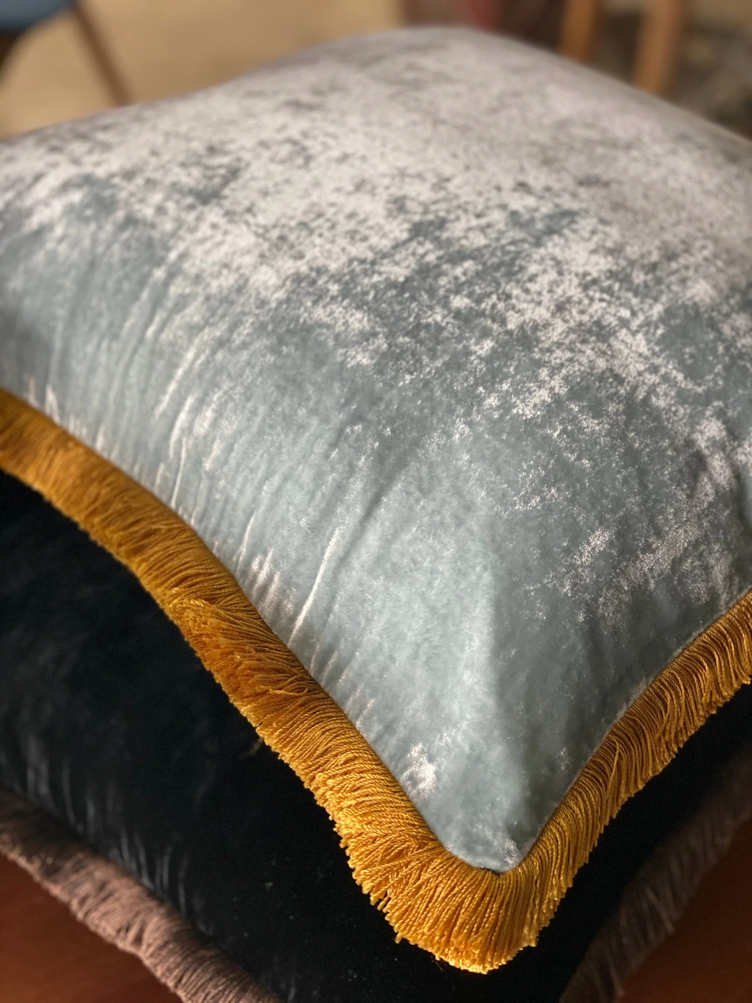 Scout House Luxury Silk Velvet Cushion Sky Light With Gold Fringe- 55cm Square Gifts 4 Scout House Luxury Silk Velvet Cushion Sky Light With Gold Fringe- 55cm Square Gifts