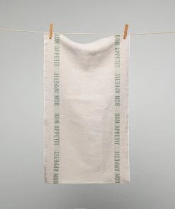 French 100% Linen Natural With Kahki Bon Appetit Text Tea Towel By Charvet Editions Homewares
