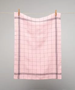 French 100% Linen Tea Towel Lemonade Pink With Black Graph Check By Charvet Editions