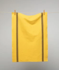 Homewares French Cotton & Linen Tea Towel Turmeric With Brown Stripes By Charvet Editions