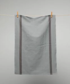 Homewares French Cotton & Linen Tea Towel Slate Grey With Black Stripes By Charvet Editions