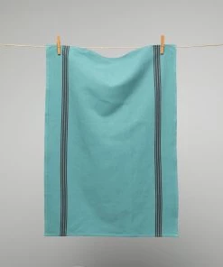 Homewares French Cotton & Linen Tea Towel Teal With Black Stripes By Charvet Editions
