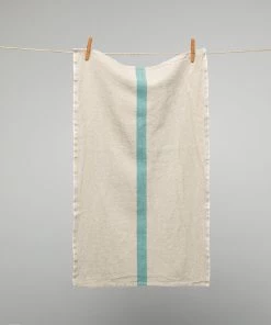 Homewares French 100% Linen 'Doudou' Tea Towel In Natural With Aqua Stripe By Charvet Editions