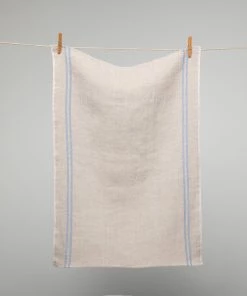 Homewares French 100% Linen 'Pays' Natural With Blue Stripes Tea Towel By Charvet Editions