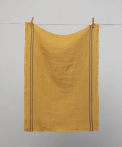 French 100% Linen 'Pays' Tea Towel Mustard With Brown Stripes By Charvet Editions